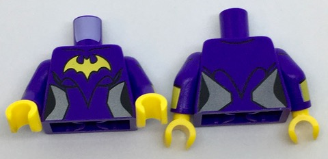 973pb2624c01 | Torso Female Outline with Yellow Bat and Silver Side Trim Pattern / Dark Purple Arms with Yellow Cuffs Pattern / Yellow Hands | LEGOPART