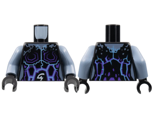 973pb2728c01 | Torso Female Outline with Dark Purple and Bright Light Blue Rock/Lightning Effect and White Arcane Symbols Pattern / Sand Blue Arms / Black Hands | LEGOPART