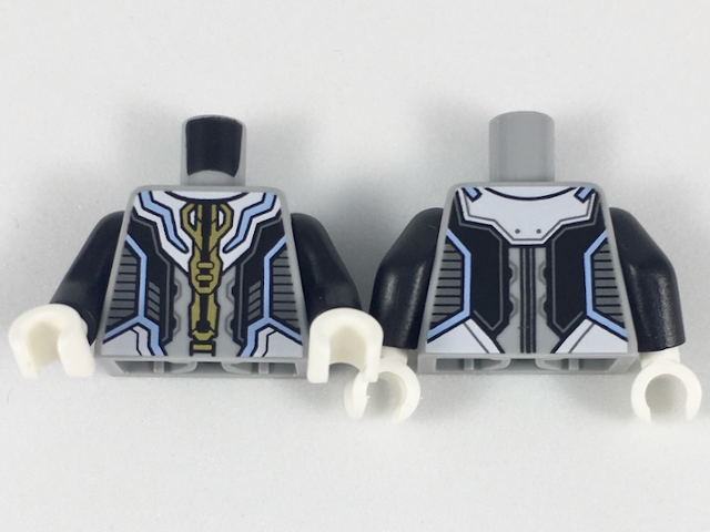 973pb3043c01 | Torso Armor with Gold and Bright Light Blue Trim, Black and Dark Bluish Gray Panels Pattern / Black Arms / White Hands | LEGOPART