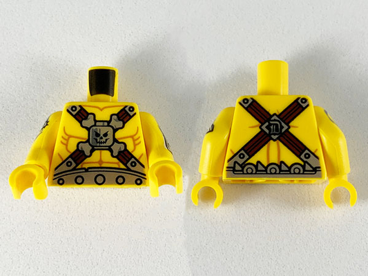 973pb3451c01 | Torso Muscles Outline, Cross Straps, Silver Belt, Buckles, Head, Crossbones Pattern / Yellow Arms with Surfboard and Chainsaw Pattern / Yellow Hands | LEGOPART