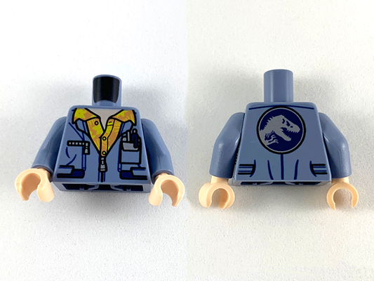 973pb3634c01 | Torso Jacket with Silver Zippers, Nougat Shirt with Yellow Flowers and Jurassic World Logo on Back Pattern / Sand Blue Arms / Light Nougat Hands | LEGOPART