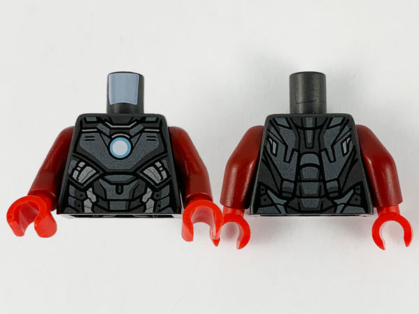 973pb3955c01 | Torso Armor, Dark Silver Plates, Silver Trim and Metallic Light Blue Circle Arc Reactor Pattern / Dark Red Arms / Red Hands | LEGOPART