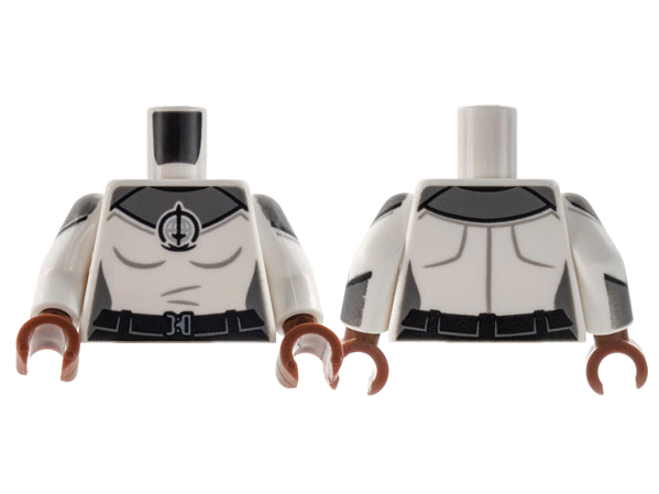 973pb4413c01 | Torso Female, Dark Bluish Gray Shoulders, SWORD Logo Pattern / White Arms with Dark Bluish Gray Shoulder and Cuff Pattern / Reddish Brown Hands | LEGOPART