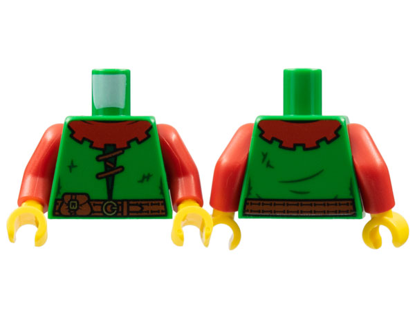 973pb4754c01 | Torso Castle Forestman Red Collar, Reddish Brown Lacing and Belt with Pouch, Dark Green Stitches, Gold Buckles Pattern / Red Arms / Yellow Hands | LEGOPART