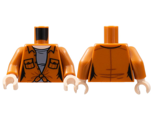 973pb4771c01 | Torso Female Shirt with Pockets, Tied at Bottom, Light Nougat Neck, Dark Bluish Gray Shirt Pattern / Dark Orange Arms / Light Nougat Hands | LEGOPART