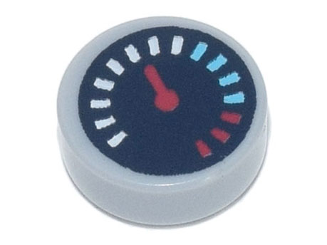 98138pb175 | Tile, Round 1 x 1 with Black Gauge with Red Pointer and White, Medium Azure, and Red Tick Marks Pattern | LEGOPART