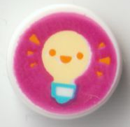 98138pb239 | Tile, Round 1 x 1 with Bright Light Yellow Light Bulb with Orange Eyes and Open Mouth Smile on Magenta Background Pattern | LEGOPART