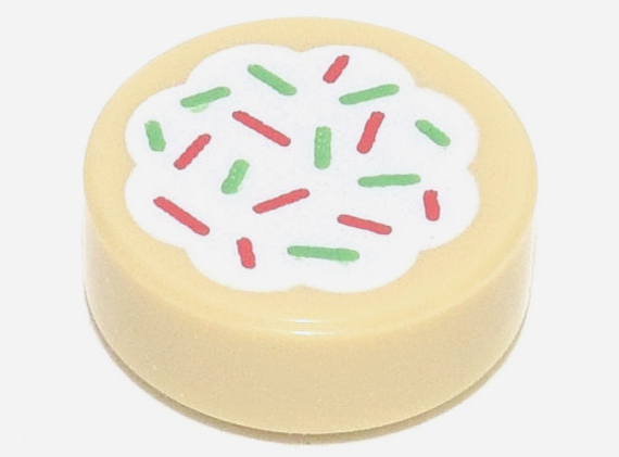 98138pb256 | Tile, Round 1 x 1 with Cookie with White Frosting and Red and Green Sprinkles Pattern | LEGOPART