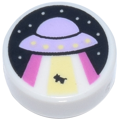 98138pb271 | Tile, Round 1 x 1 with Lavender UFO / Flying Saucer, Dark Pink and Bright Light Yellow Beams, and Black Cow and Night Sky Pattern | LEGOPART