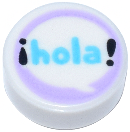 98138pb272 | Tile, Round 1 x 1 with Medium Azure 'hola' and Black Exclamation Marks in Speech Bubble on Lavender Background Pattern | LEGOPART