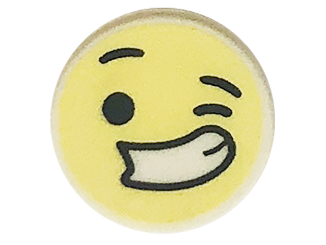 98138pb280 | Tile, Round 1 x 1 with Emoji, Bright Light Yellow Winking Face, Large Smile with Teeth, and Black Eyes and Eyebrows Pattern | LEGOPART