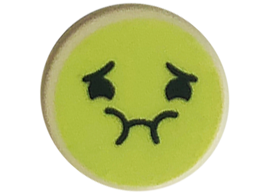 98138pb281 | Tile, Round 1 x 1 with Emoji, Yellowish Green Queasy Face, and Black Eyes, Eyebrows, and Mouth Pattern | LEGOPART