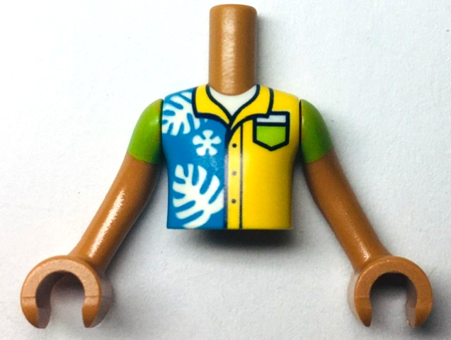 FTBpb080c01 | Torso Mini Doll Boy Dark Azure and Yellow Shirt with White Leaves and Lime Pocket Pattern, Medium Nougat Arms with Hands with Lime Short Sleeves | LEGOPART