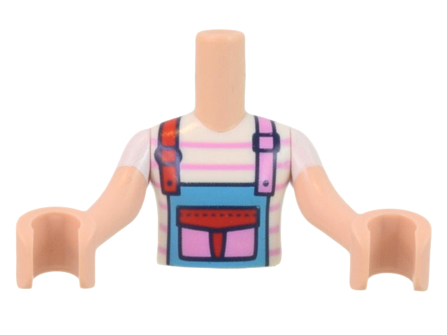 FTGpb364c01 | Torso Mini Doll Girl White and Bright Pink Striped Shirt, Medium Azure Apron Pattern, Light Nougat Arms with Hands with White Short Sleeves | LEGOPART