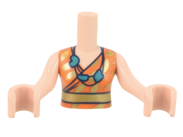 FTWpb365c01 | Torso Mini Doll Woman Orange and Gold Sleeveless Shirt and Belt, Dark Turquoise Beaded Necklace Pattern, Light Nougat Arms with Hands | LEGOPART