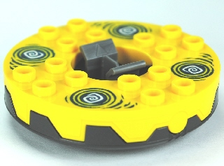 bb0549c04pb01 | Turntable 6 x 6 x 1 1/3 Round Base Serrated with Yellow Top and White and Dark Blue Hypnobrai Pattern | LEGOPART