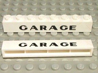 crssprt01pb12 | Brick 1 x 8 without Bottom Tubes with Cross Side Supports with Black 'GARAGE' Sans-Serif Thick Pattern, Plain 'G' | LEGOPART