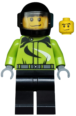 Monster Truck Driver, Racing Suit with Black and White Swirls, Black Helmet with Trans-Brown Visor, Crooked Smile LEGO cty0475 | Fyrebrick.be