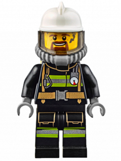 Fire - Reflective Stripes with Utility Belt, White Fire Helmet, Breathing Neck Gear with Air Tanks, Trans-Brown Visor, Goatee LEGO cty0626 | Fyrebrick.be