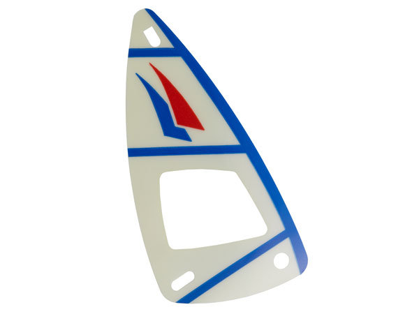 multipls06 | Plastic Part for Sets 1791, 1958-1, 6351, 6534, and 6595 - White Sail with Trans-Clear Window, Blue and Red Curved Triangles, Stripes, and Spine Pattern | LEGOPART